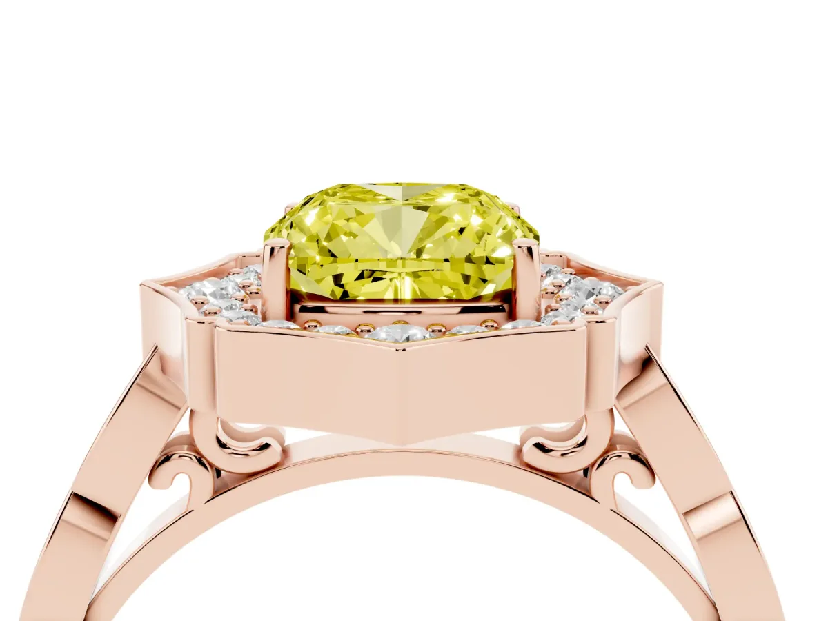 Fancy Yellow Cushion Cut Halo Diamond Engagement Ring with Milgrain Band and Four-Prong Setting Rose gold