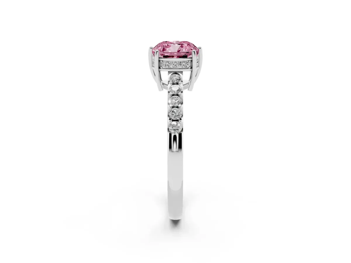 Fancy Pink Cushion Cut Solitaire Diamond Engagement Ring with Pavé Band and Six-Prong Setting White gold