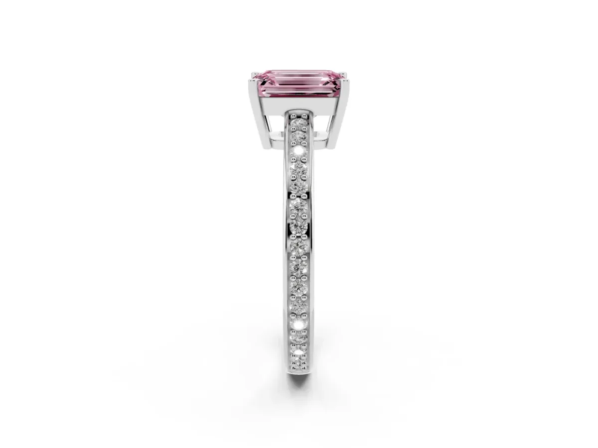 Fancy Pink Emerald Cut Solitaire Pavé Band Prong Setting Ring Silver