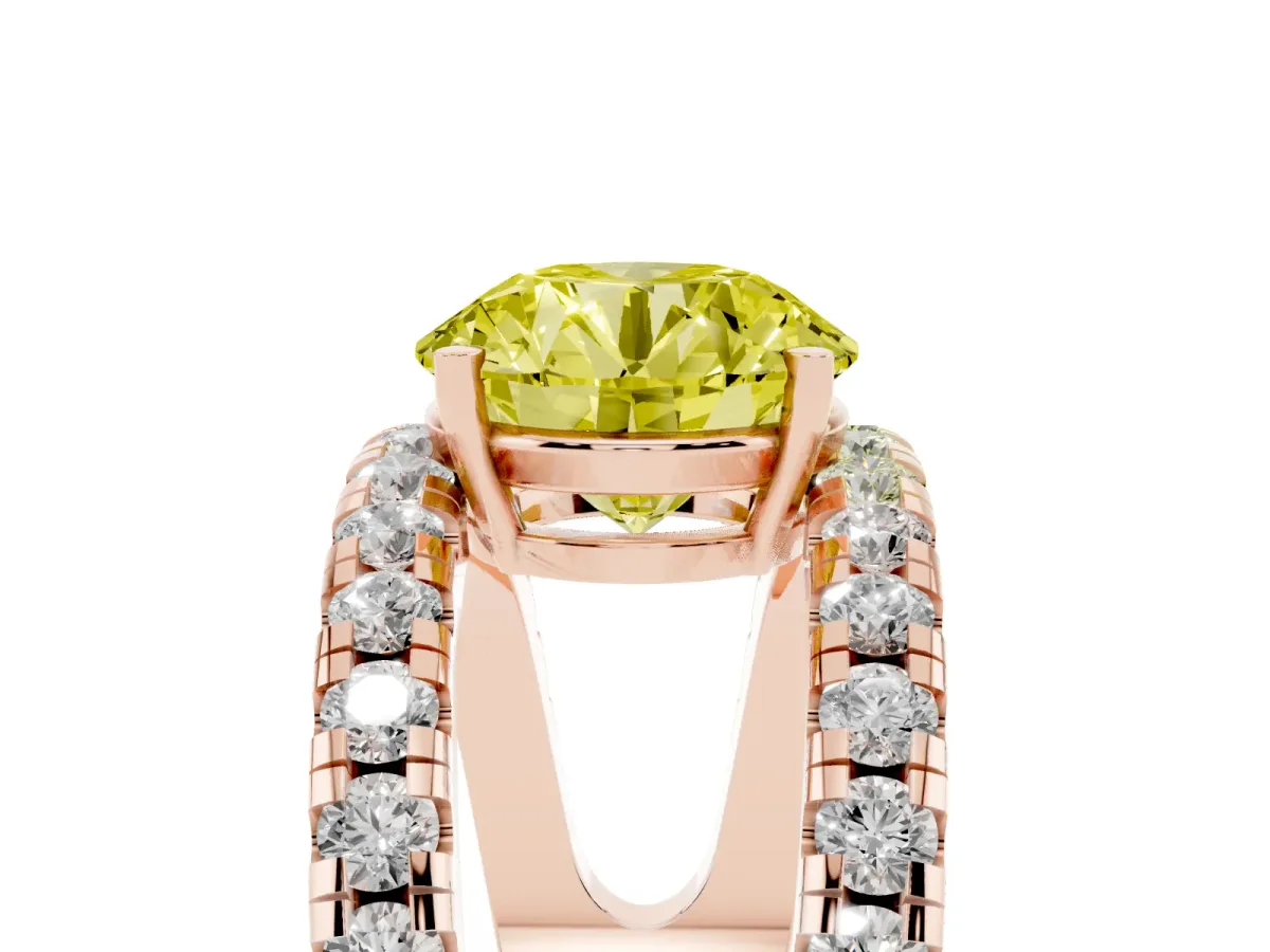 Fancy Yellow Round Cut Solitaire Split Shank Pave Diamond Ring Rose gold