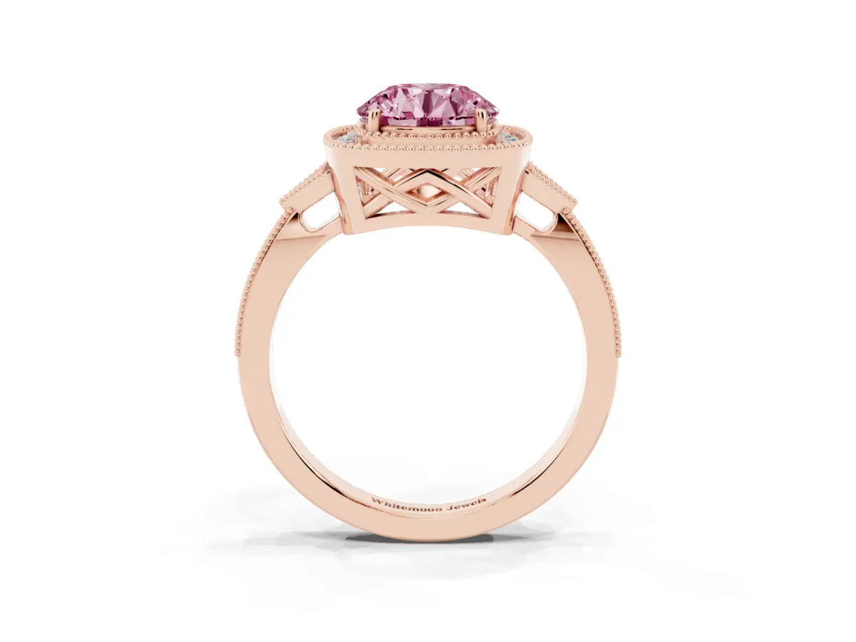 Fancy Pink Round Cut Halo Round Diamond Milgrain Pave Engagement Ring Rose gold