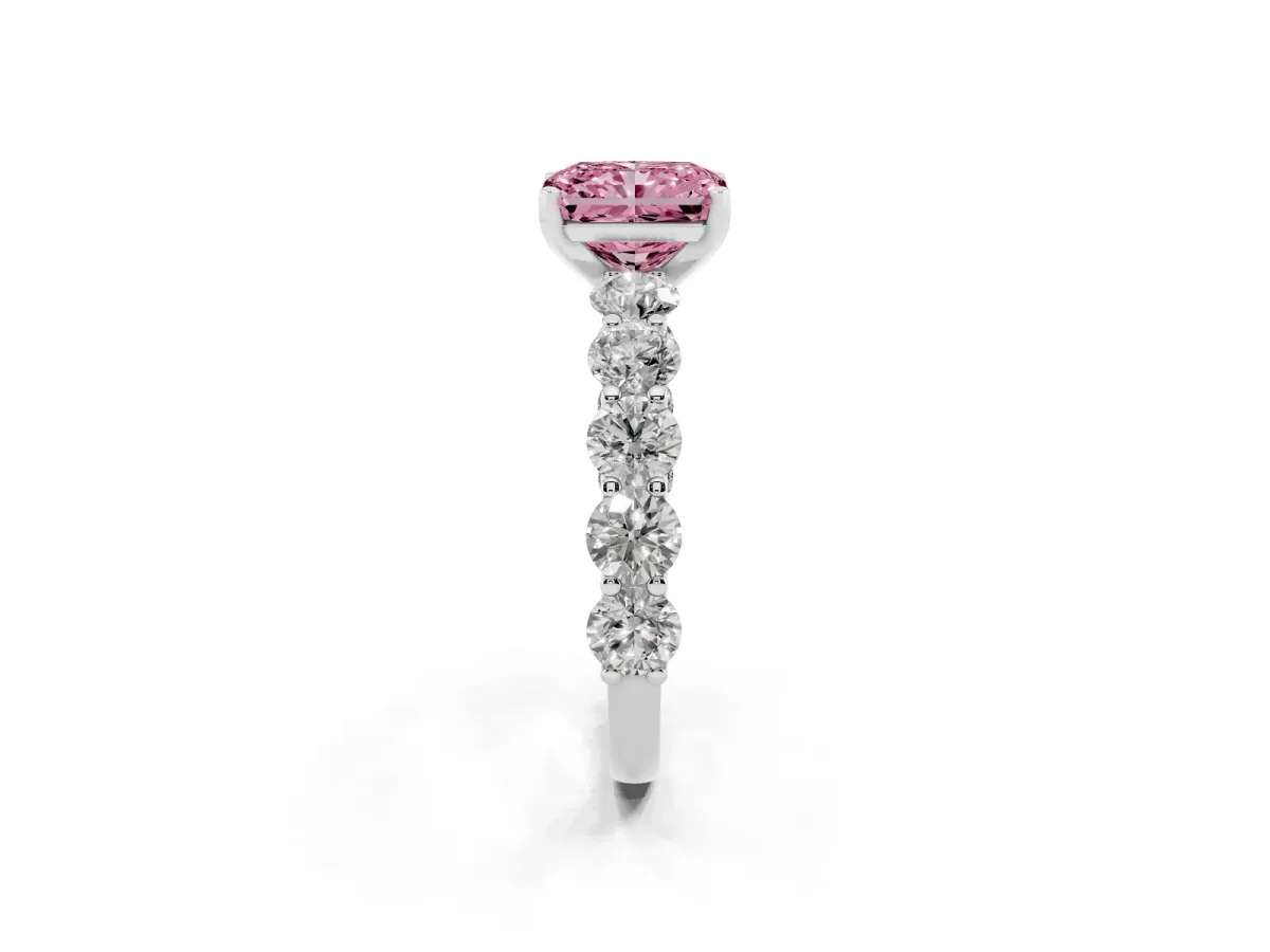 Fancy Pink Radiant Cut Diamond Prong Setting with Side Stones on a Pave Band Silver