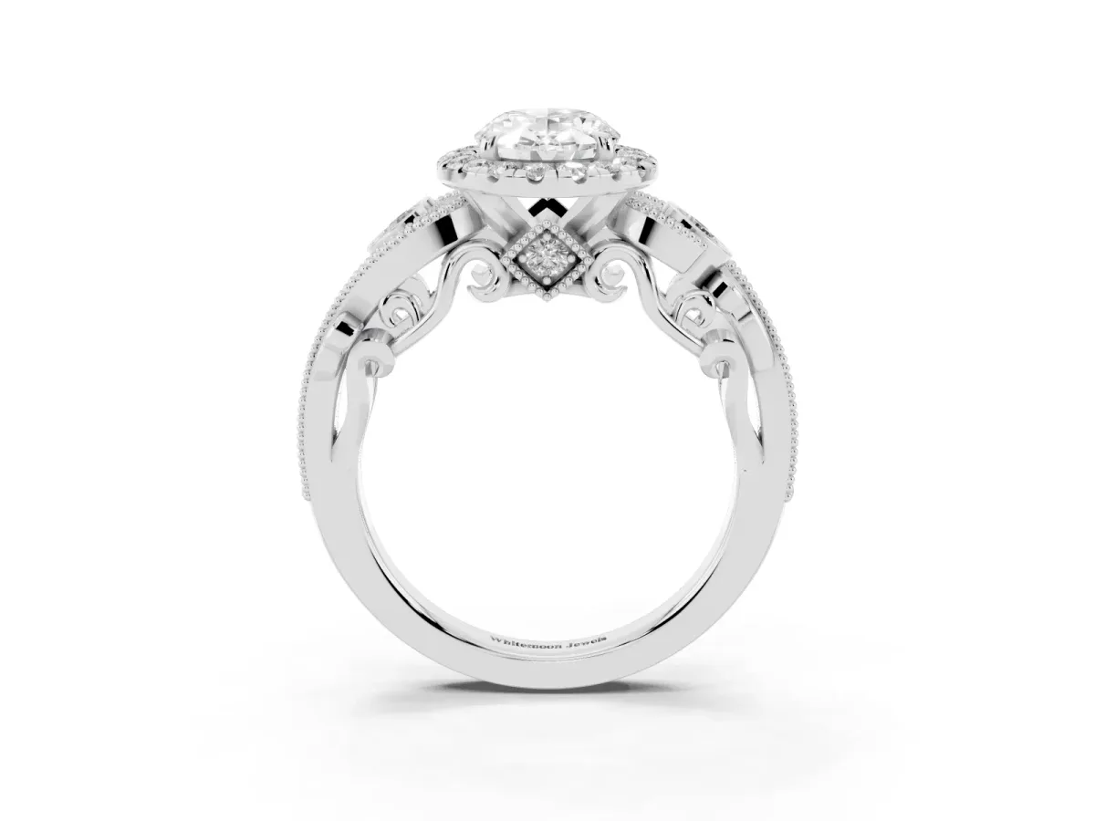 Oval Cut Diamond Halo Ring with Milgrain Pavé Band and Four-Prong Setting Silver