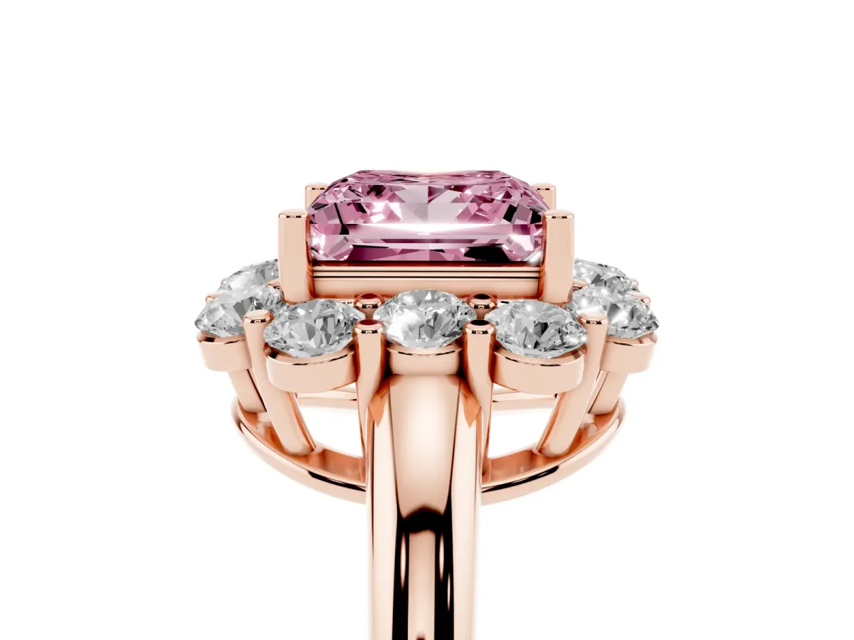 Fancy Pink Princess Cut Halo Milgrain Solitaire with Bezel Set Side Stones and Pave Band Rose gold
