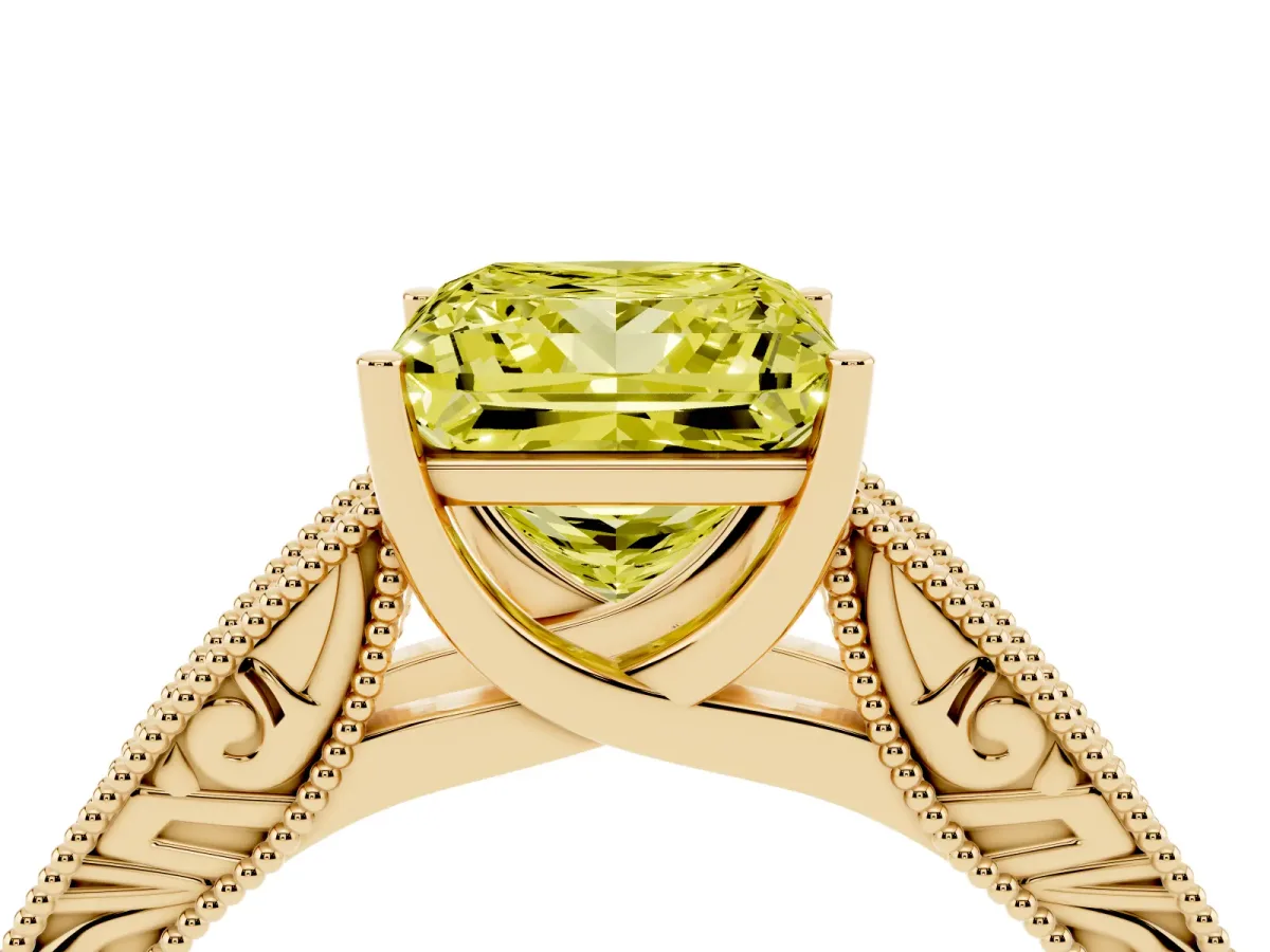 Fancy Yellow Princess Cut Diamond Solitaire Ring with Engraved Band and Four-Prong Setting Yellow gold