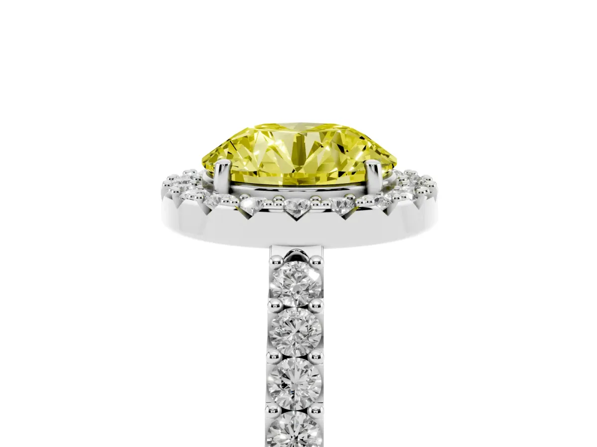 Fancy Yellow Round Cut Halo Diamond Pavé Solitaire Ring Platinum