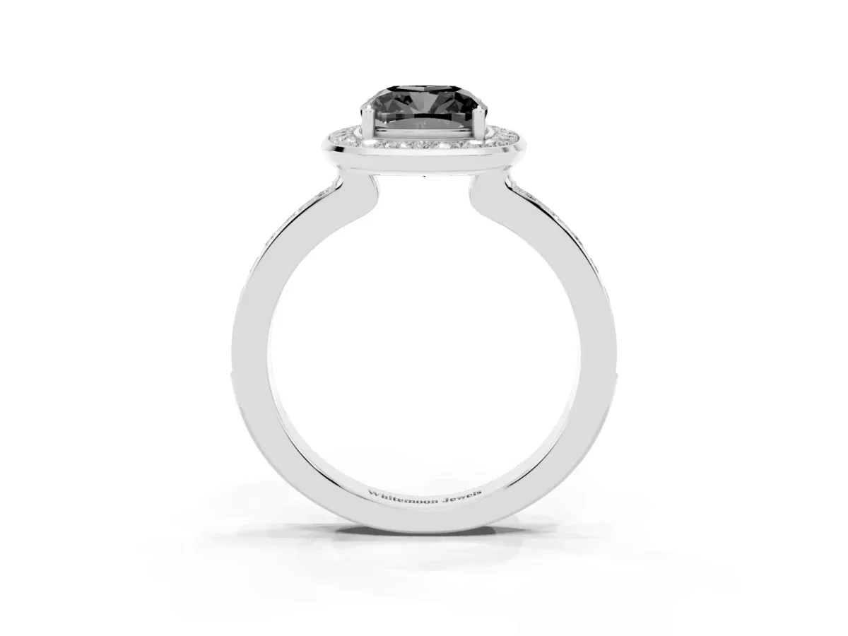 Fancy Black Cushion Cut Diamond Halo Ring with Bezel Frame and Pavé Band Silver