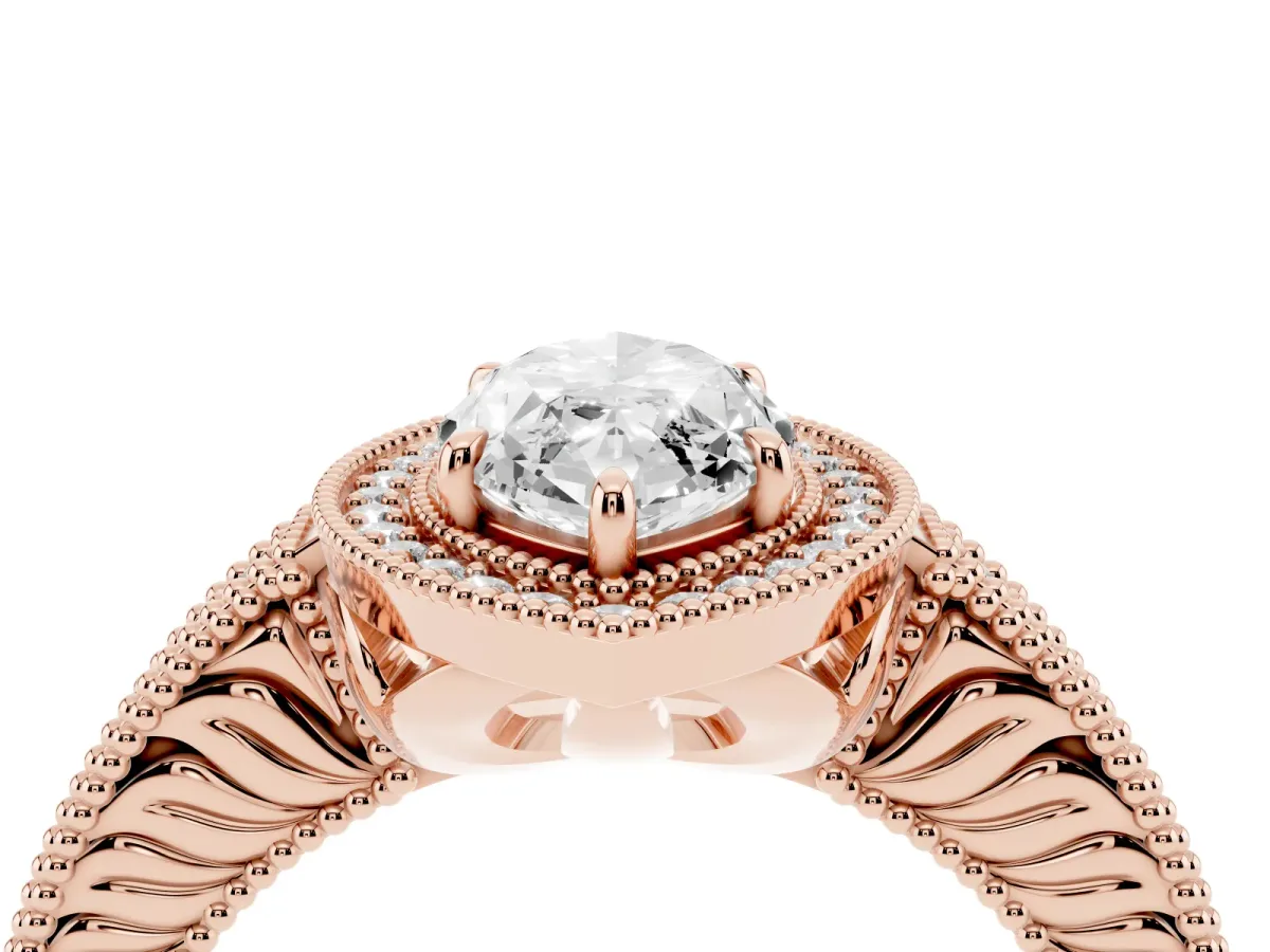 Marquise Cut Cut Halo Diamond Ring with Pavé Band and Four-Prong Setting Rose gold