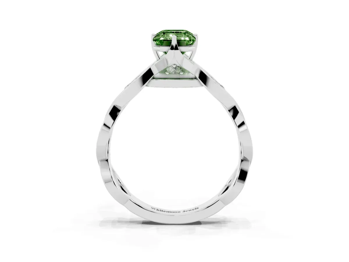 Fancy Green Emerald Cut Solitaire Twist Band with Leaf Prong Setting Silver