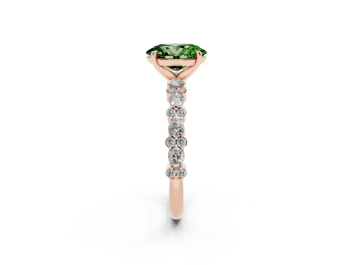 Fancy Green Oval Cut Diamond Side Stone Solitaire Ring with Round and Four-Prong Setting Rose gold