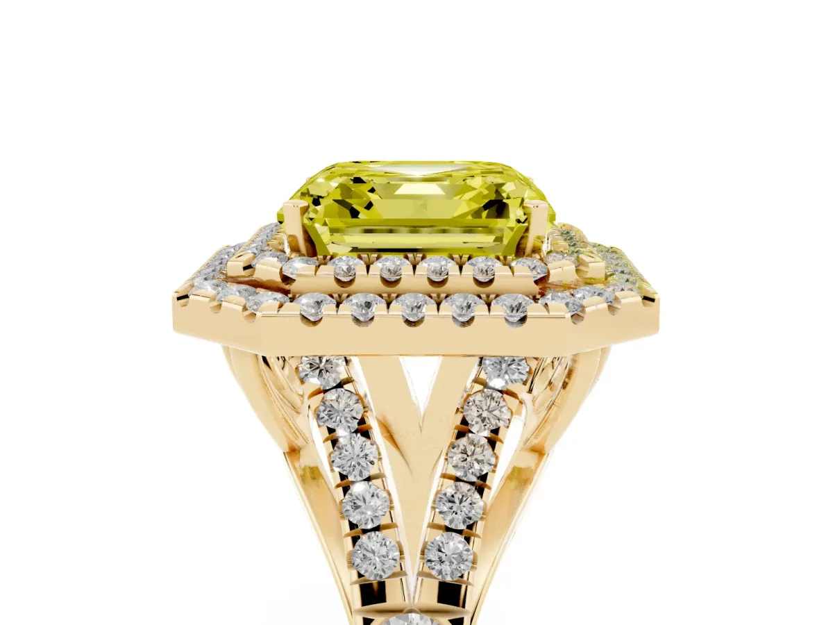 Fancy Yellow Asscher Cut Diamond Pavé Split Shank Double Halo Engagement Ring Yellow gold