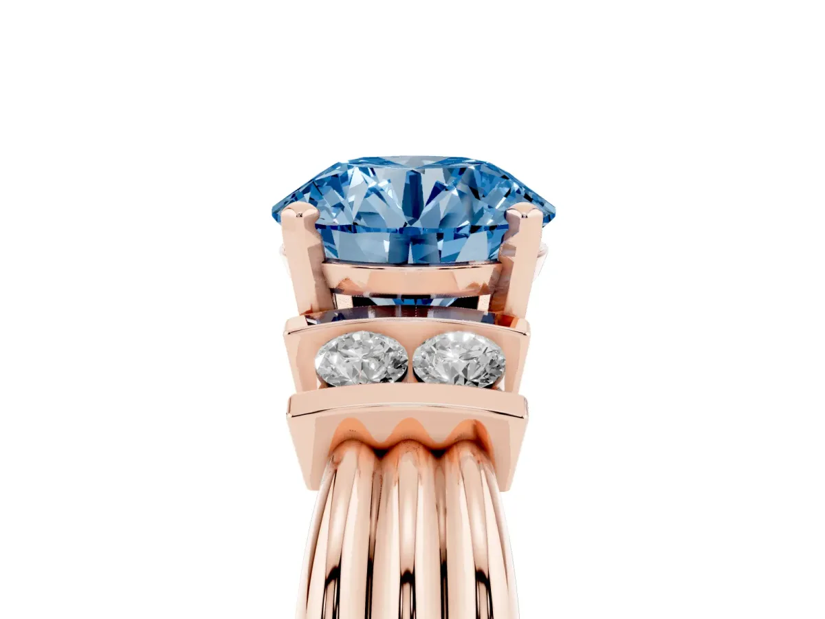 Fancy Blue Round Cut Cut Three-Stone Channel Set Ring with Bar Prongs Rose gold