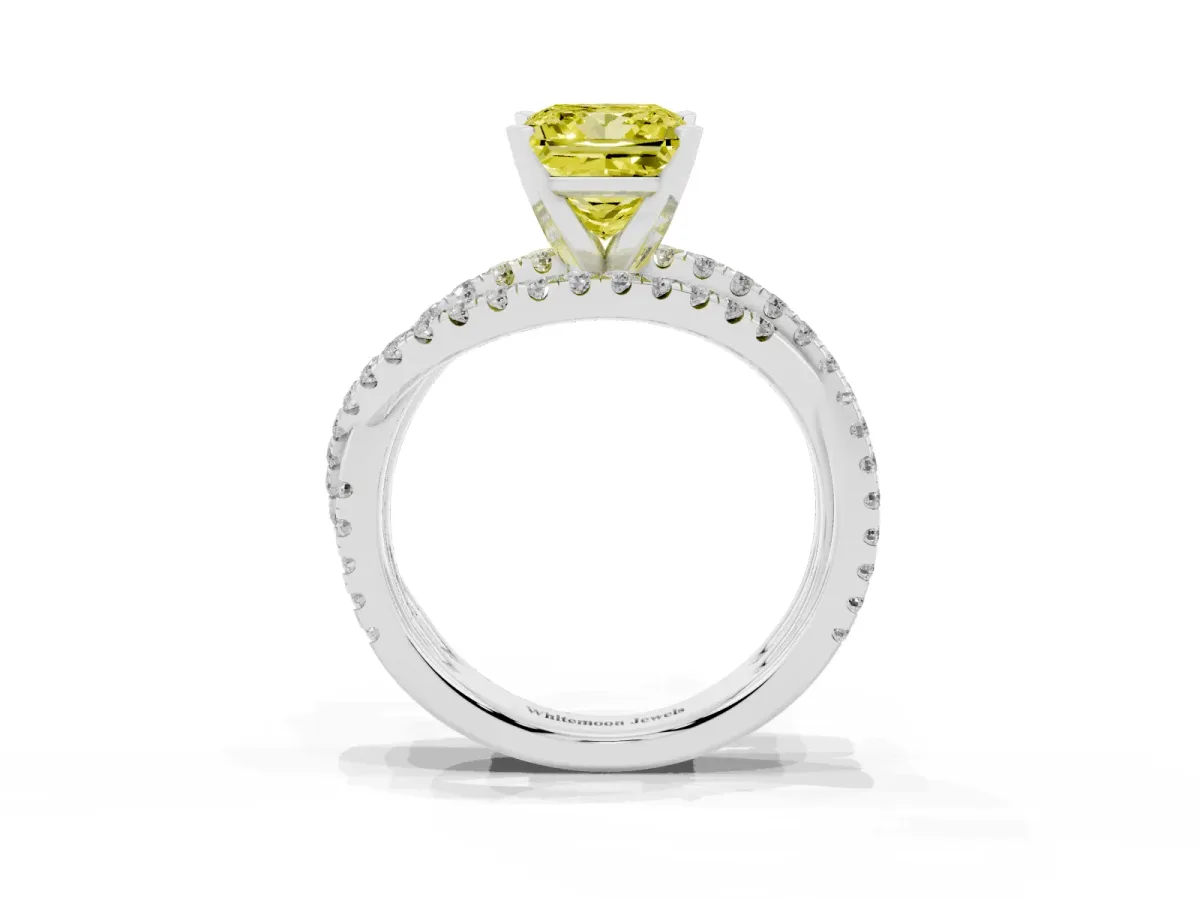 Fancy Yellow Princess Cut Solitaire Twist Band with Pavé Setting and Four-Prong Setting Silver