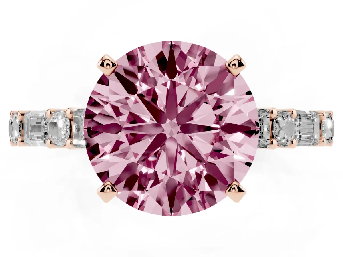 Fancy Pink Round Cut Diamond Solitaire with Side Baguettes and Channel Set Band Rose gold