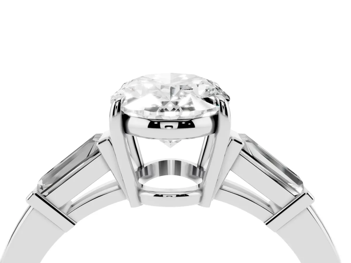 Oval Cut Diamond Three-Stone Ring with Tapered Baguette Side Stones and Prong Setting Silver