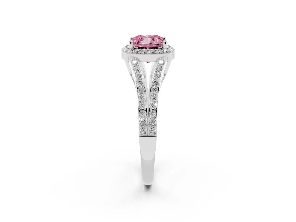 Fancy Pink Cushion Cut Halo Split Shank Pave Diamond Ring with Four-Prong Setting Silver