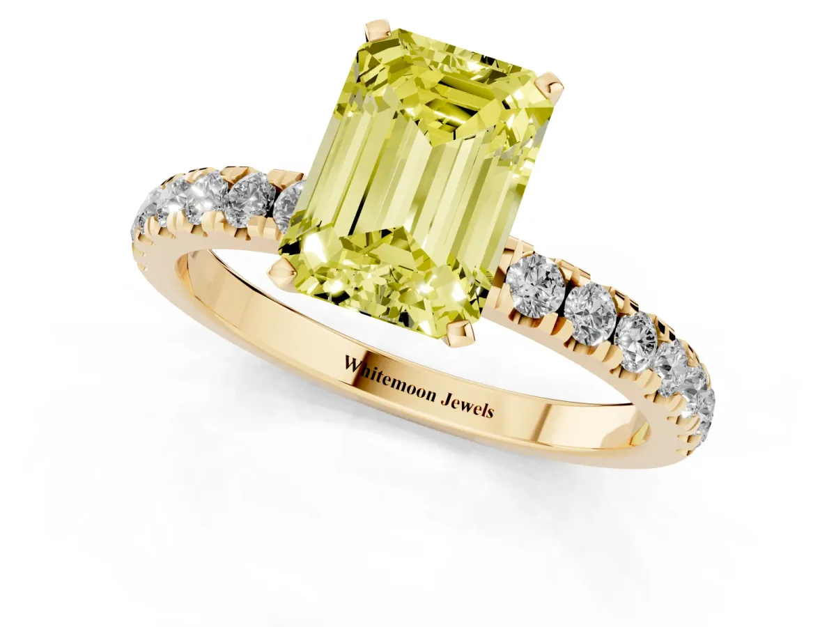 Fancy Yellow Emerald Cut Diamond Solitaire Ring with Pavé Accents and Four-Prong Setting Yellow gold