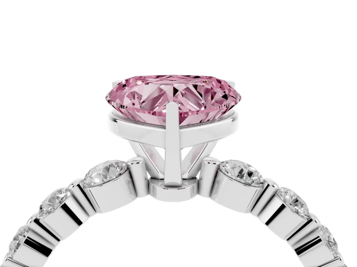 Fancy Pink Heart Cut Solitaire Diamond Ring with Pave Band and Four-Prong Setting Silver