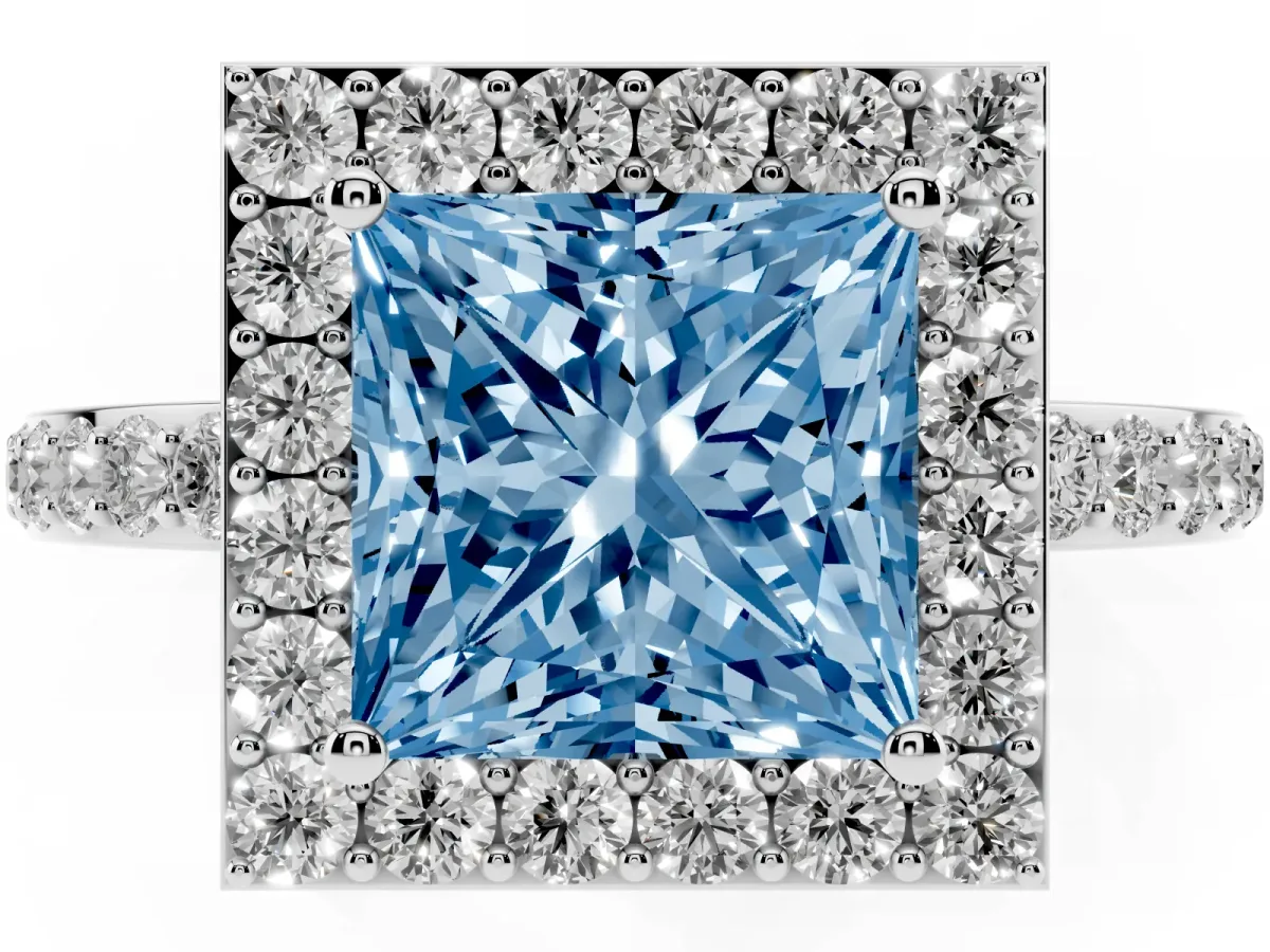 Fancy Blue Princess Cut Halo Diamond Pavé Band Ring with Prong Setting Silver