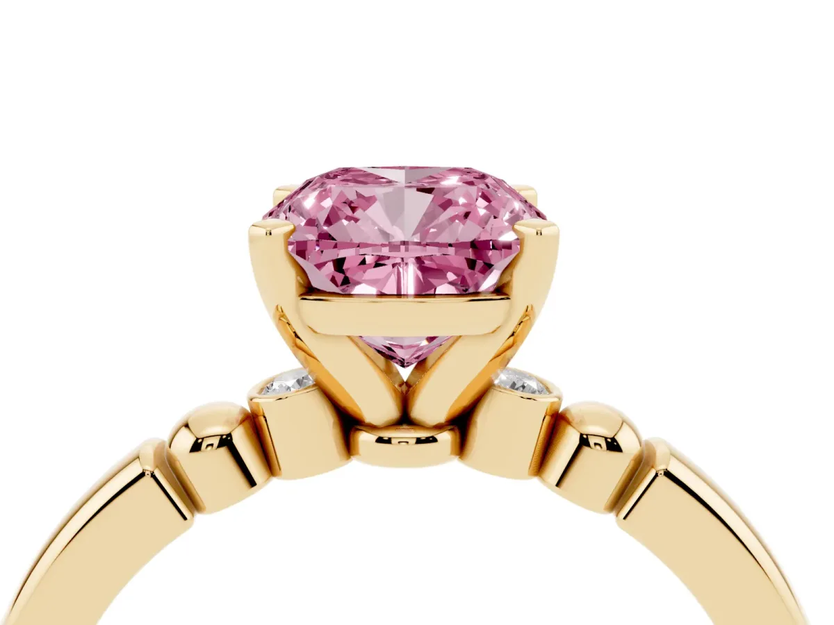 Fancy Pink Cushion Cut Solitaire Beaded Band with Four-Prong Setting Yellow gold