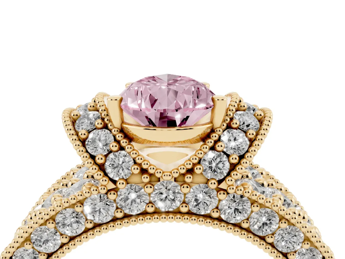 Fancy Pink Pear Cut Halo Pave Diamond Engagement Ring with Milgrain Detailing Yellow gold