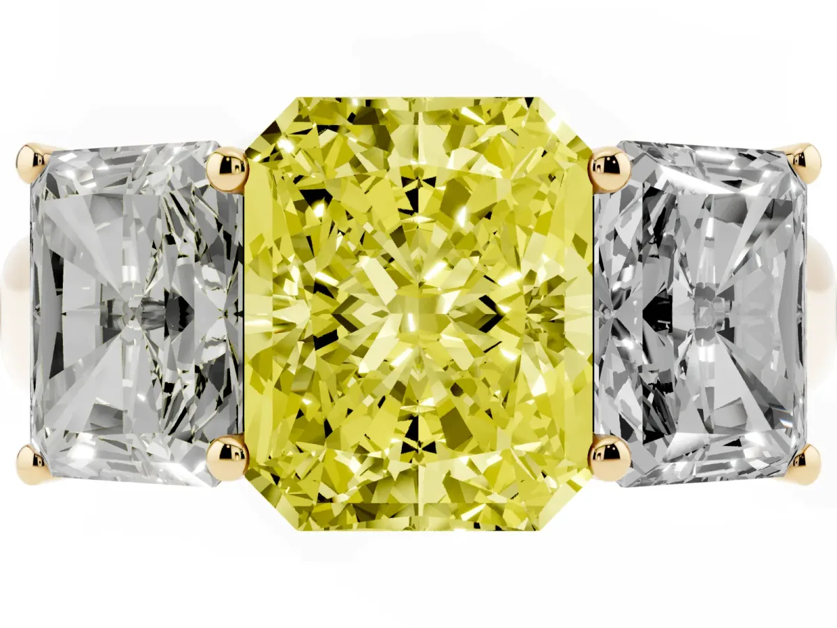 Fancy Yellow Radiant Cut Three-Stone Diamond Ring with Prong Setting on a Classic Band Yellow gold