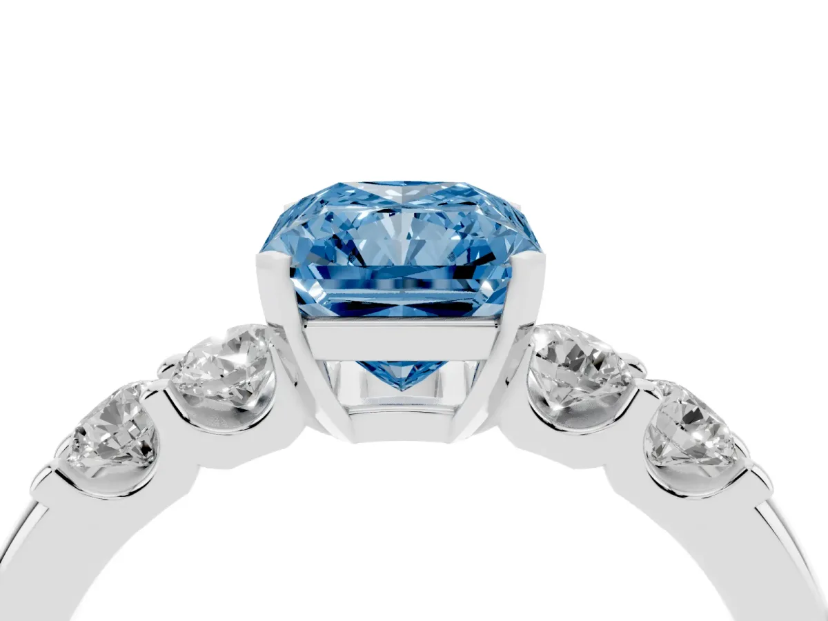 Fancy Blue Radiant Cut Brilliant Cut Diamond Five-Stone Prong Set Engagement Ring with Channel Band White gold