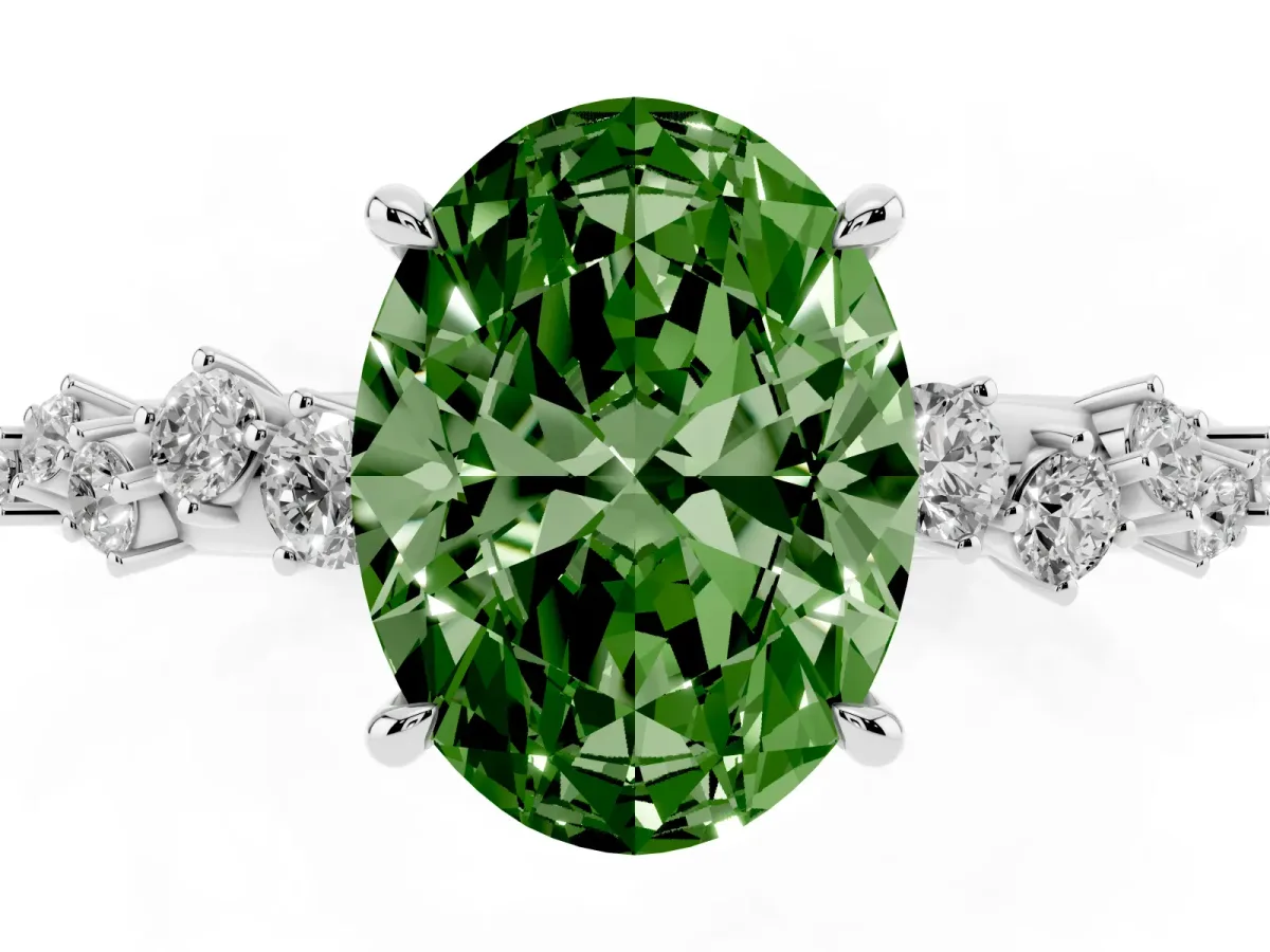 Fancy Green Oval Cut Diamond Cluster Side Stone Solitaire Ring with Prong Setting White gold