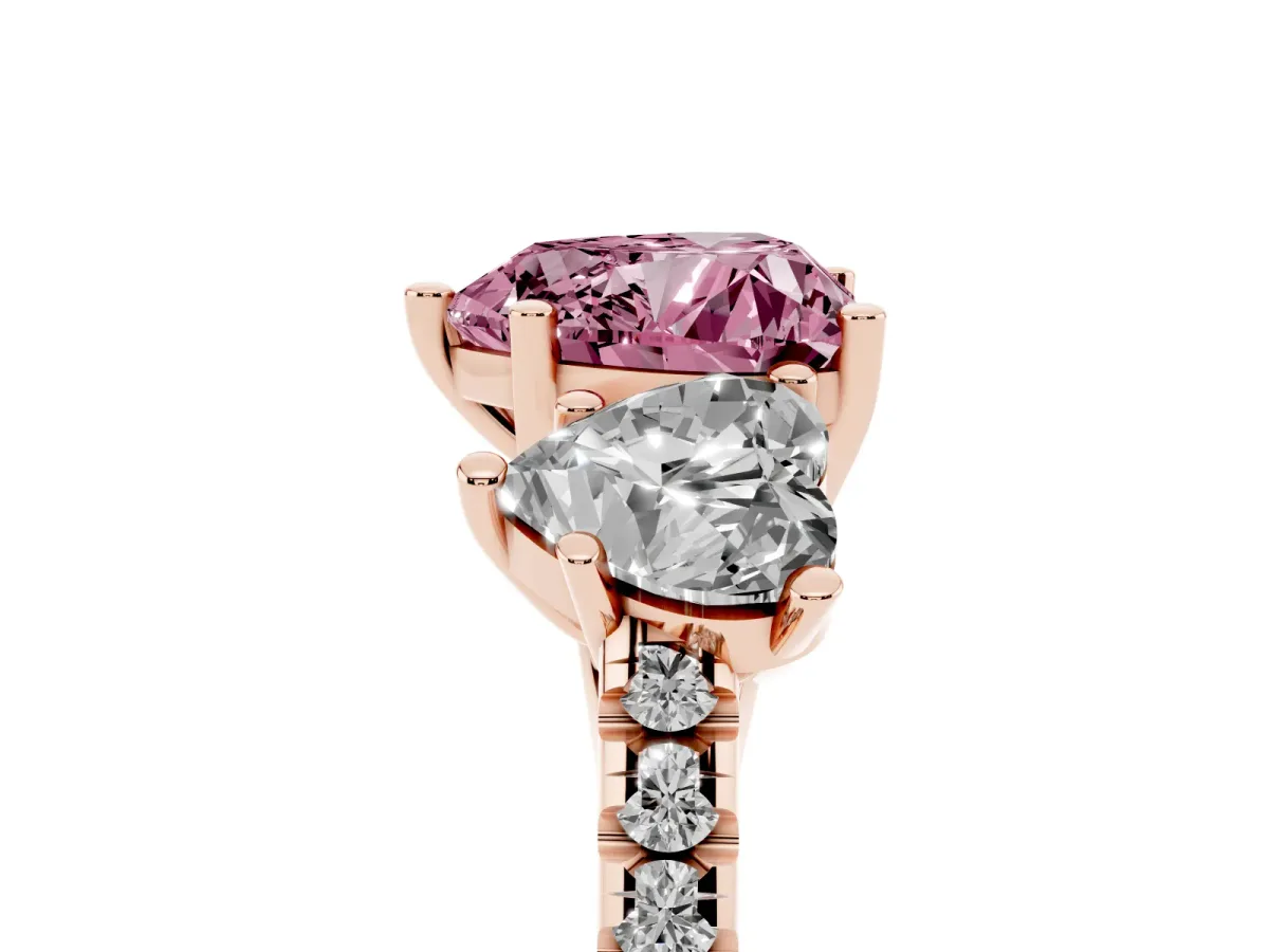 Fancy Pink Three-Stone Heart Cut Diamond Ring with Round Pavé Band and Prong Setting Rose gold