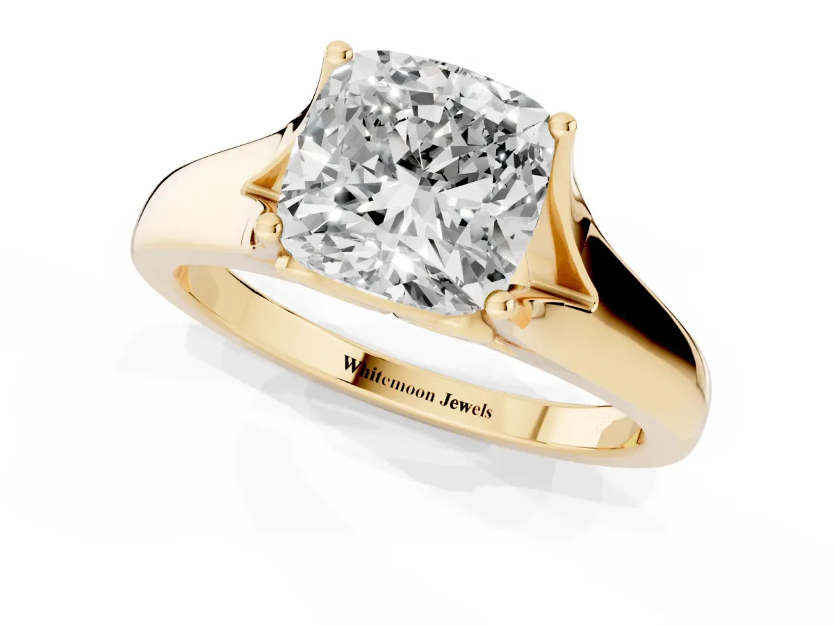 Cushion Cut Solitaire Diamond Ring with Cathedral Band and Four-Prong Setting Yellow gold