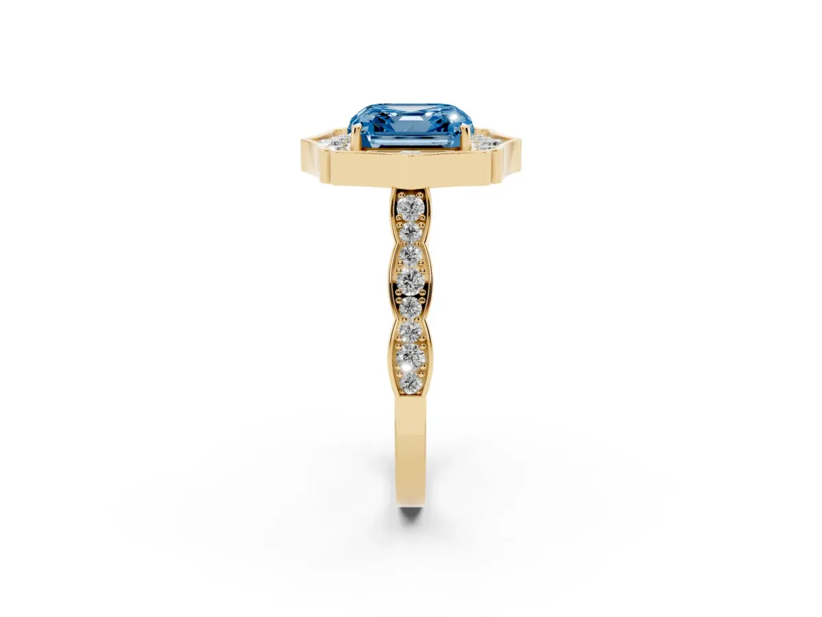 Fancy Blue Asscher Cut Halo Diamond Engagement Ring with Milgrain Band and Four-Prong Setting Yellow gold