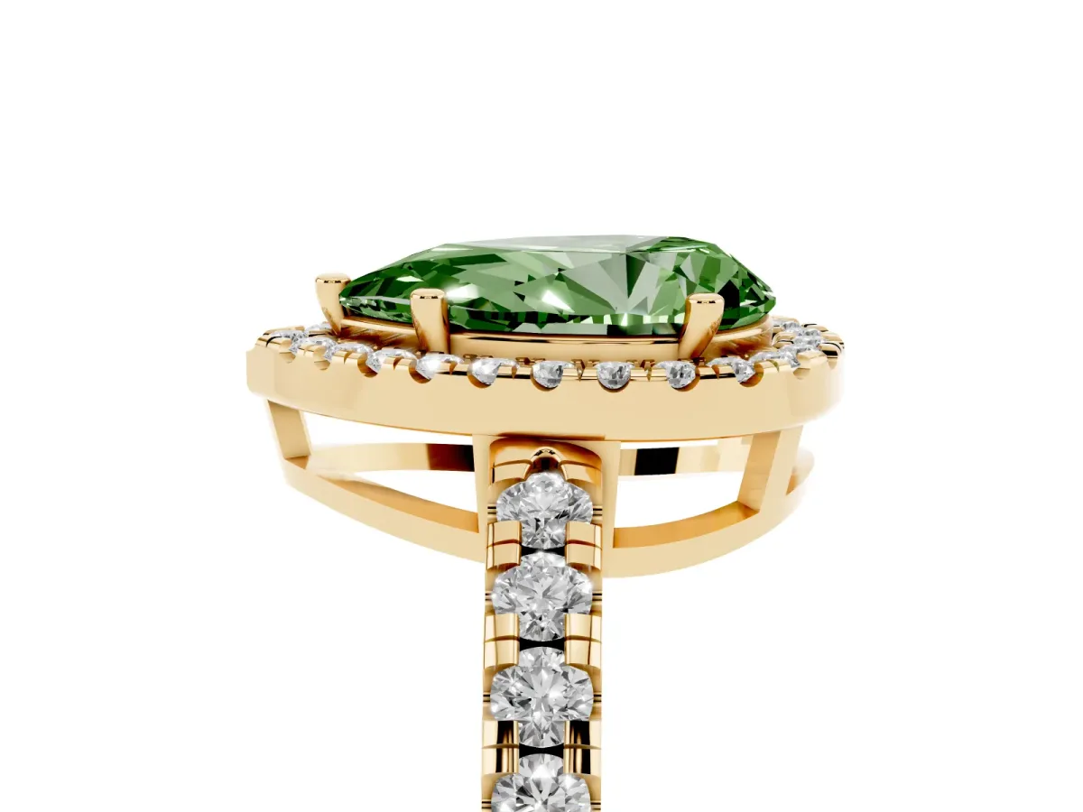 Fancy Green Pear Cut Diamond Halo Ring with Pavé Band and Four-Prong Setting Yellow gold