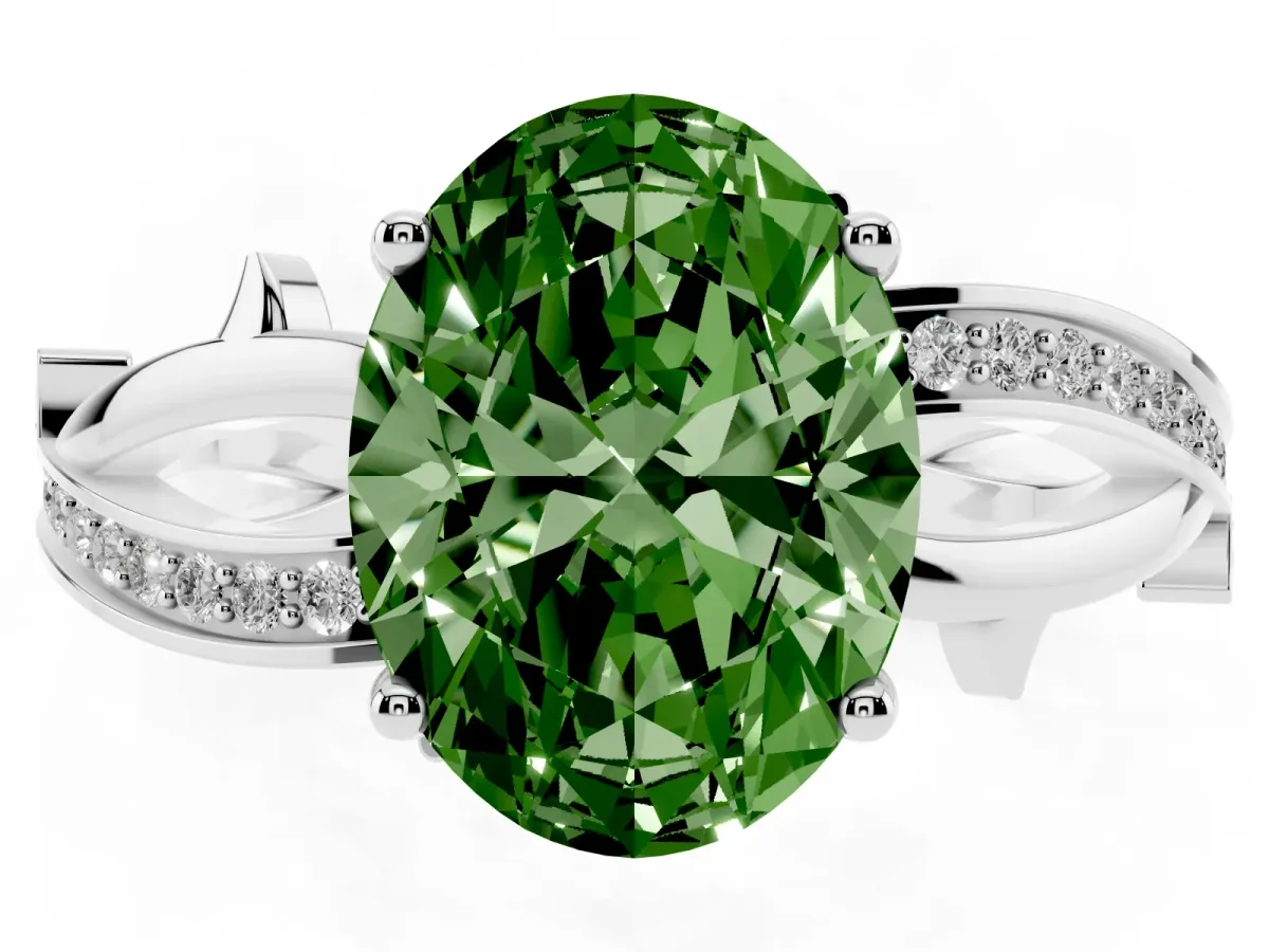 Fancy Green Oval Cut Solitaire Twist Band with Pavé Accents and Four-Prong Setting Platinum