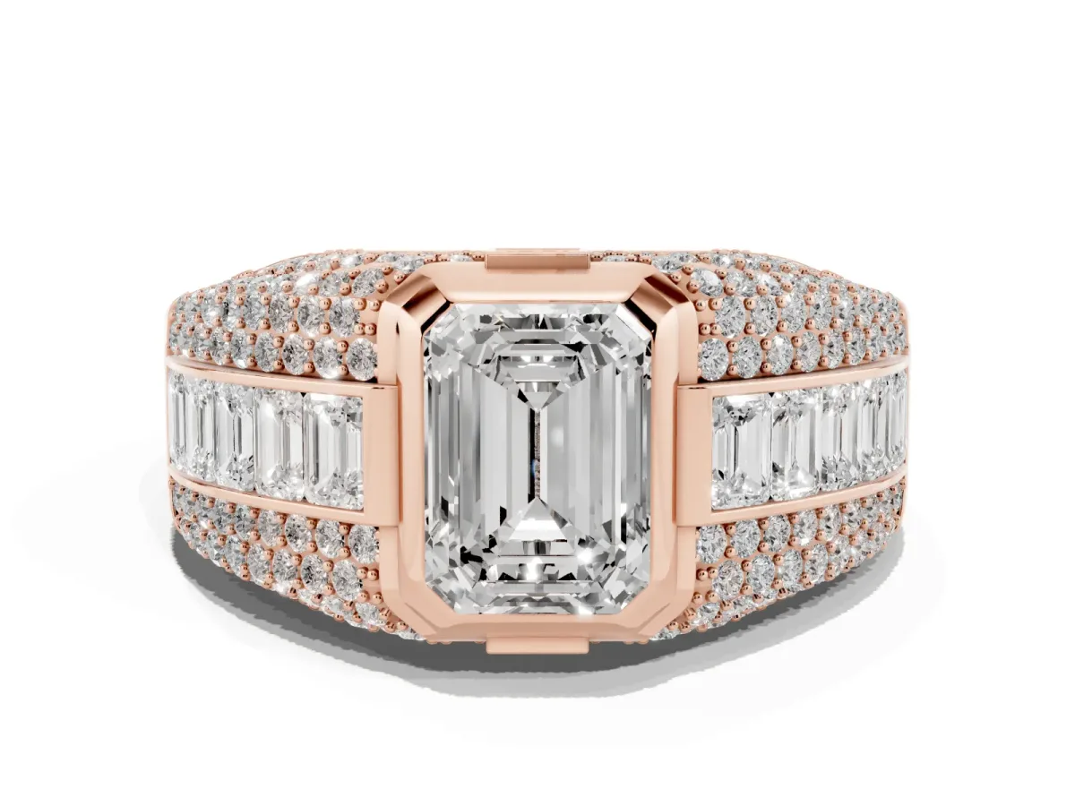 Emerald Cut Diamond Mens Ring with Side Stones Rose gold