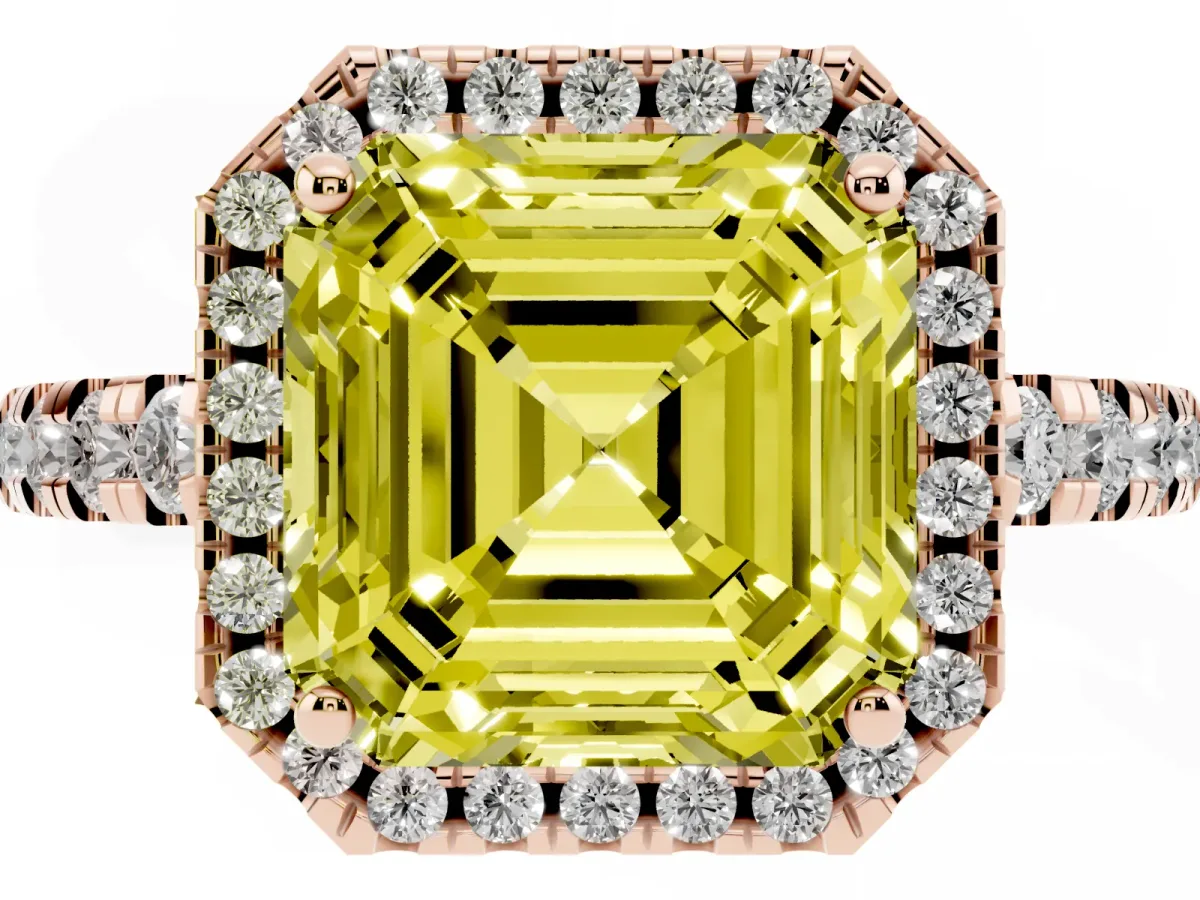 Fancy Yellow Asscher Cut Diamond Halo Ring with Pavé Band and Four-Prong Setting Rose gold