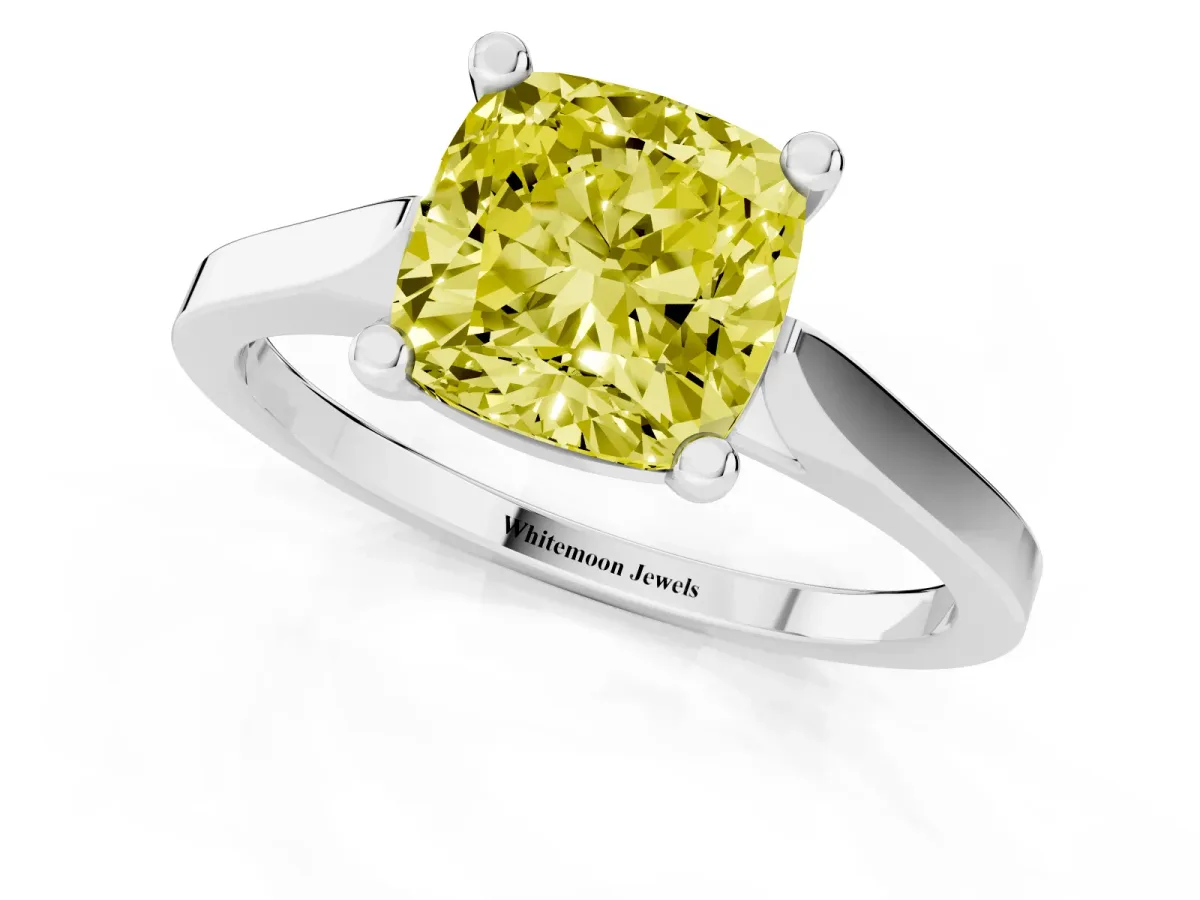 Fancy Yellow Cushion Cut Solitaire Diamond Ring with Four-Prong Setting and Tapered Band Silver