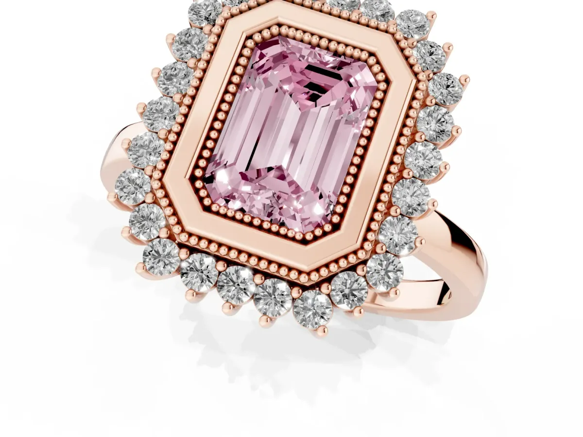 Fancy Pink Emerald Cut Halo Diamond Ring with Milgrain Edge and Round Prong Setting Rose gold
