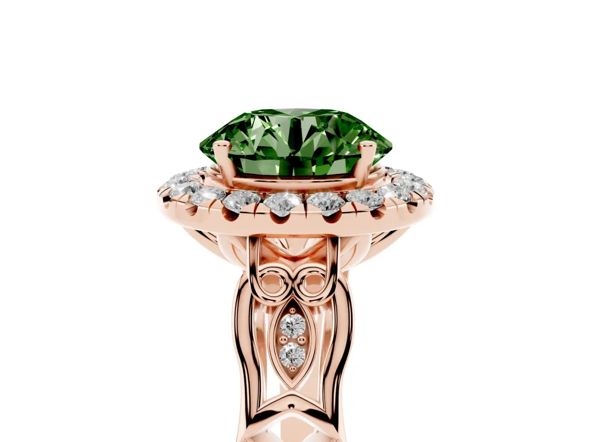 Fancy Green Round Cut Halo Diamond Engagement Ring with Filigree Band and Four-Prong Setting Rose gold