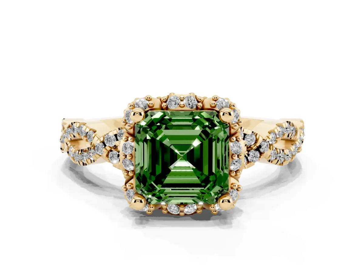 Fancy Green Asscher Cut Halo Twist Band Solitaire Ring with Six-Prong Setting Yellow gold