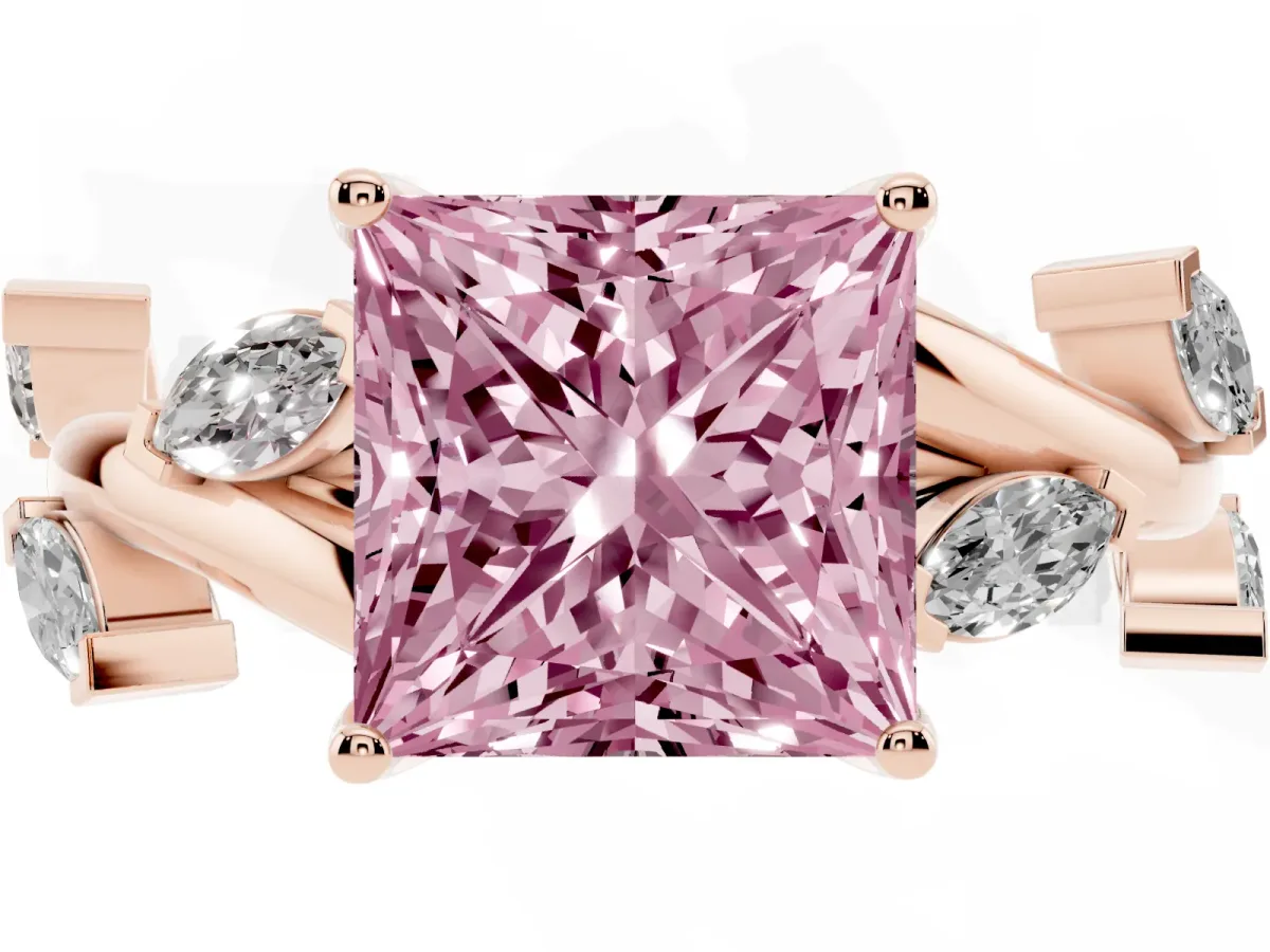 Fancy Pink Princess Cut Solitaire Twisted Band Marquise Accent Prong Setting Ring Rose gold