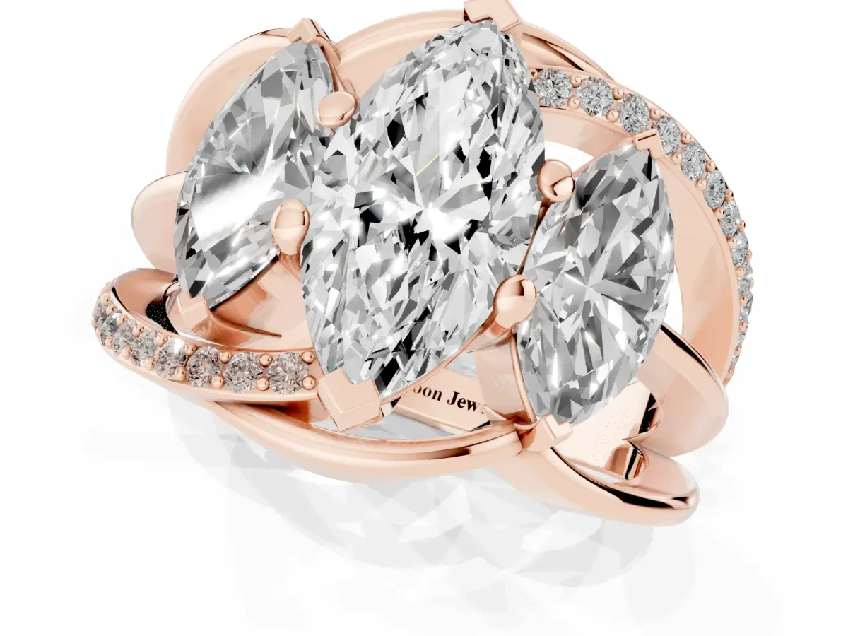 Three-Stone Marquise Cut Cut Diamond Split Shank Prong Set Ring Rose gold
