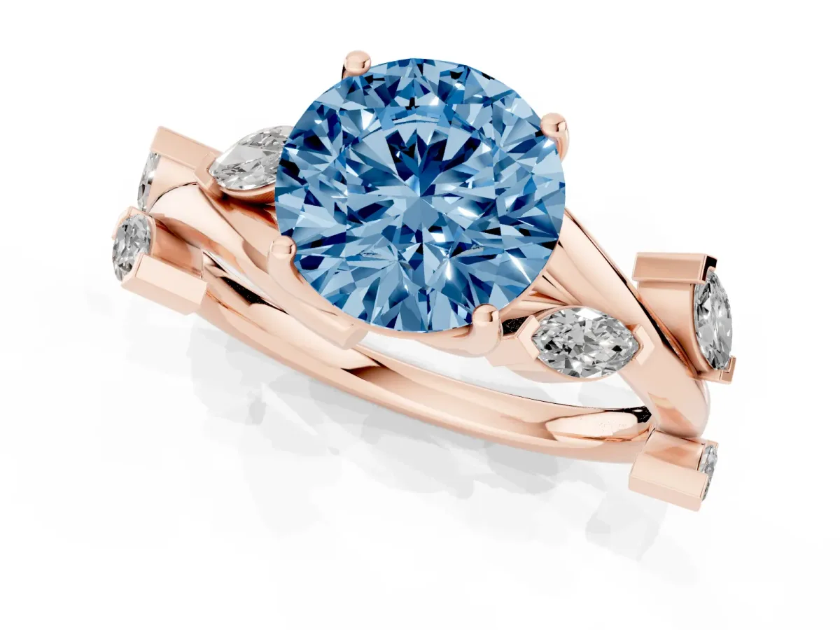Fancy Blue Round Cut Solitaire Twisted Band Marquise Accent Prong Setting Ring Rose gold