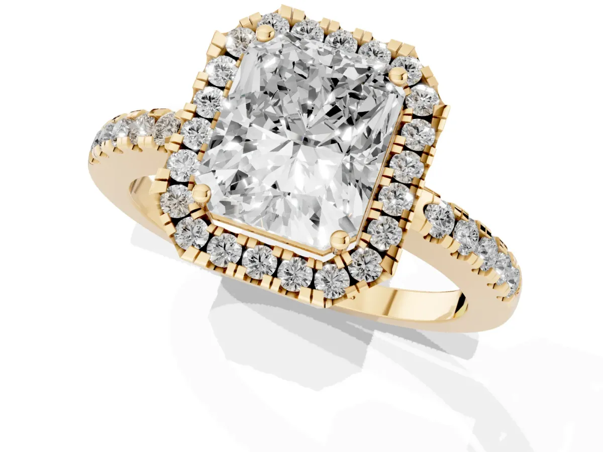 Radiant Cut Halo Diamond Engagement Ring with Pavé Band and Four-Prong Setting Yellow gold