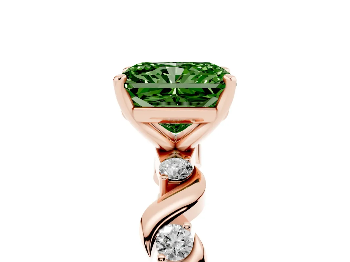 Fancy Green Radiant Cut Diamond Solitaire Twisted Band with Round Accents and Prong Setting Rose gold