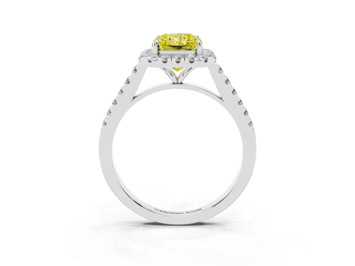 Fancy Yellow Radiant Cut Halo Pave Diamond Engagement Ring with Four-Prong Setting Silver