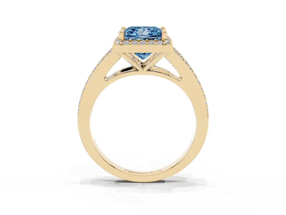 Fancy Blue Princess Cut Halo Split Shank Pave Diamond Ring with Four-Prong Setting Yellow gold