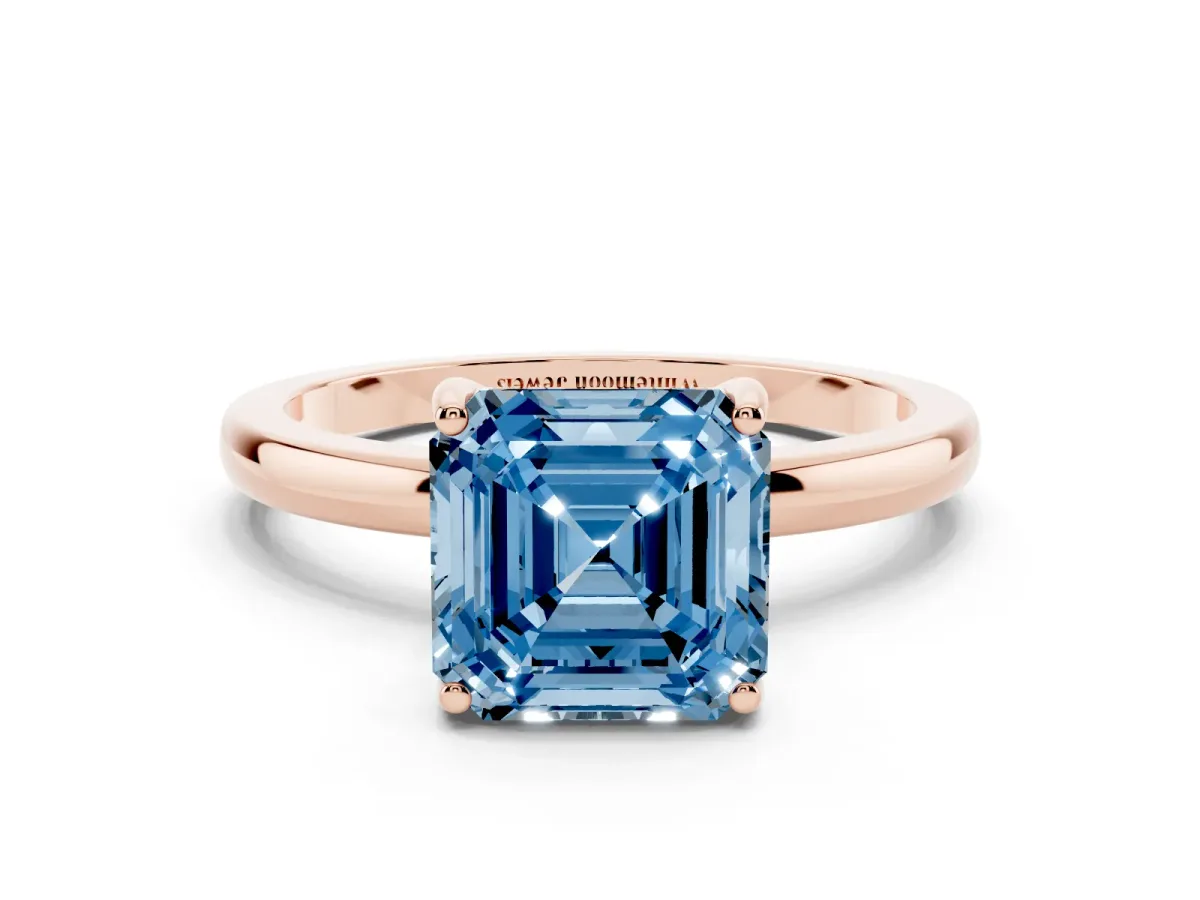 Fancy Blue Asscher Cut Solitaire Diamond Ring with Prong Setting and Plain Band Rose gold