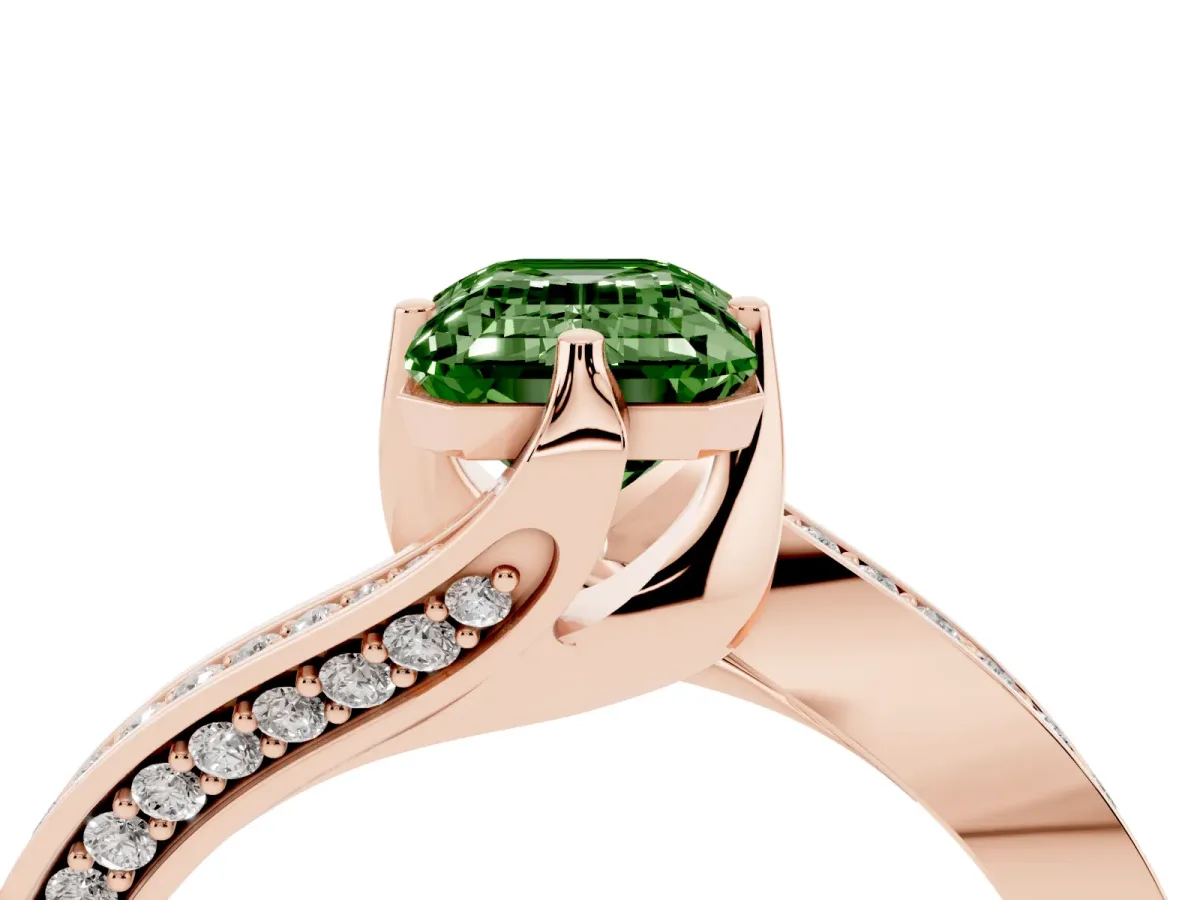 Fancy Green Emerald Cut Solitaire Diamond Twist Band with Pavé Setting and Four-Prong Setting Rose gold