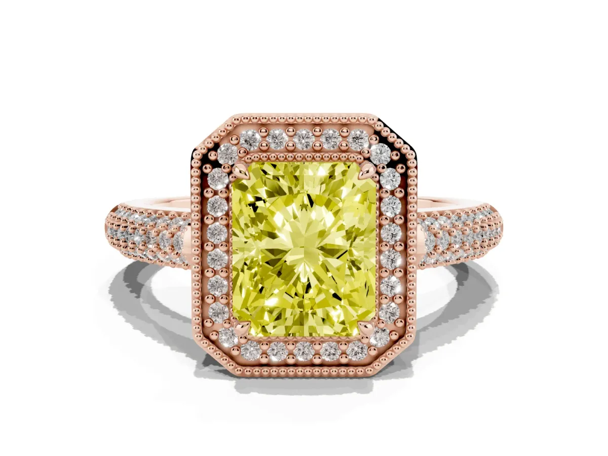 Fancy Yellow Radiant Cut Cut Halo Diamond Pave Band with Four-Prong Setting Rose gold