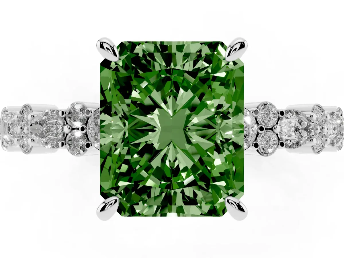 Fancy Green Radiant Cut Diamond Side Stone Solitaire Ring with Round and Four-Prong Setting Silver